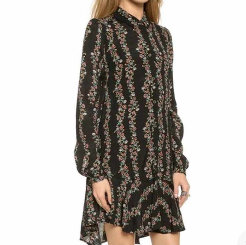 Free People Black Floral Long Sleeve Ruffle Buttondown Shirt Dress Small